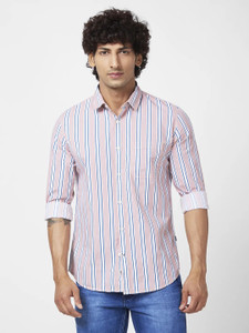 Spykar Men Striped Casual Pink Dark Blue