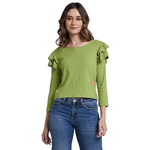 spykar women bay leaf blended regular fit full sleeve round neck plain tshirt
