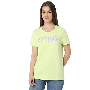 spykar women regular fit solid green casual t-shirt size-wktbc2bd188