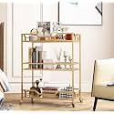 Square Gold Bar Carts with 3 Tier Storage Glass Shelves Holder Home Serving Bar Carts on Wheels for Kitchen, Bar, Dinning Room