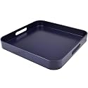 Square Navy Blue Decorative Serving Tray with Handles, Versatile Ottoman Tray for Coffee Table, Entertaining, Outdoor Patio, Living Room, 13”*13”*1.6”