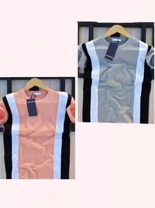 squareretails Striped Men Round Neck Grey Pink