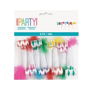 squawker party blowers with feathers 8ct