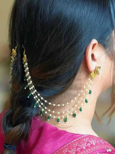 srj green beads  white pearls ear chains kaan chains hair accessory pair alloy earring set