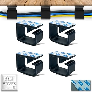 srs cable organiser clips for wall amp table heavy-duty clamp holder hook hanger for easy secure cord organizer cable management for tv pc laptop home office self stick-on adhesive pack of 4 black