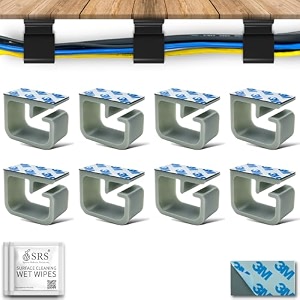 srs cable organiser clips for wall amp table heavy-duty clamp holder hook hanger for easy secure cord organizer cable management for tv pc laptop home office self stick-on adhesive pack of 8 grey