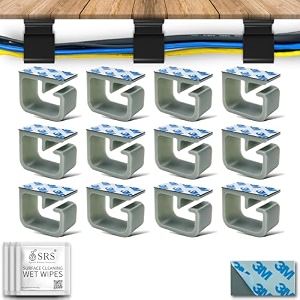 srs cable organiser clips for wall amp table heavy-duty clamp holder hook hanger for easy secure cord organizer cable management for tv pc laptop home office self stick-on adhesive pack of 12 black