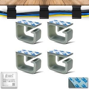 srs cable organiser clips for wall amp table heavy-duty clamp holder hook hanger for easy secure cord organizer cable management for tv pc laptop home office self stick-on adhesive pack of 4 grey