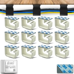 srs cable organiser clips for wall amp table heavy-duty clamp holder hook hanger for easy secure cord organizer cable management for tv pc laptop home office self stick-on adhesive pack of 12 white