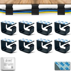 srs cable organiser clips for wall amp table heavy-duty clamp holder hook hanger for easy secure cord organizer cable management for tv pc laptop home office self stick-on adhesive pack of 8 black