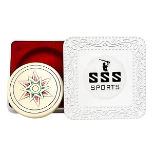 sss tournament carrom striker with uv printing official 15g weight 41mm standard size man made ivory premium storage box included random assorted design 1 pc