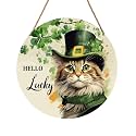 St. Patrick's Day Door Decoration for Home Cat Lucky Shamrock Wreath for Front Door Lucky Clover Cat Hanging Wall Sign Green Wreath Wooden Plaid Plaque for Porch Home Office Farmhouse 12"x12"