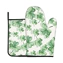 St. Patricks Day Oven Mitts and Pot Holders Sets Green Clover Shamrock Oven Mitts Heat Resistant Spring St. Patricks Kitchen Gloves Hot Pads Two Piece Set for Cooking Baking Grilling BBQ