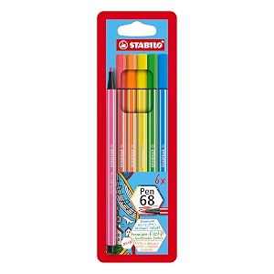 stabilo pen 68 - sketch pen - premium - wallet of 6 neon colours