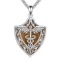 Staff of Caduceus Necklace 925 Sterling Silver Shield Staff Angel Wings Pendant Talisman Nurse's Day Christmas Gifts for Nurses