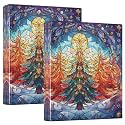 Stained Glass Christmas Tree Red 3 Ring Binder with 2 Interior Pockets