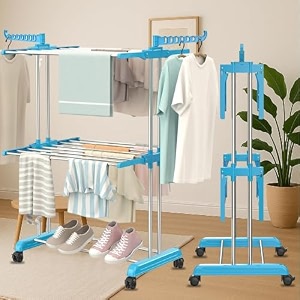 homifly stainless steel 3 tier clothes drying standfoldable laundry rackcloth dryerhanger for clothingoutdoorindoorspace saver for balcony - blue