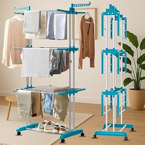 homifly stainless steel 4 tier big clothes drying standfoldable laundry rackcloth dryerhanger for clothingoutdoorindoorbalcony space saver for home blue