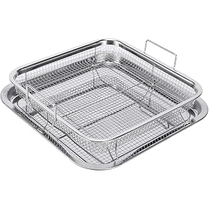 stainless steel air fryer basket and tray set for oven  2 piece crisper tray with non-stick mesh basket air fry tray square