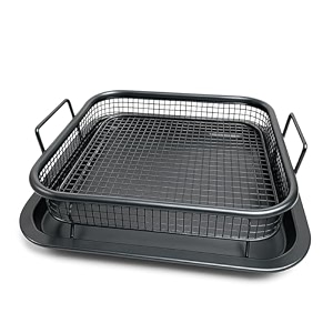 stainless steel air fryer basket and tray set for oven  2 piece crisper tray with non-stick mesh basket air fry with tray black