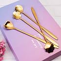 Stainless Steel Coffee Spoon Set, Gold, Flower and Heart Shapes, 24 Centimeter, Set of 4