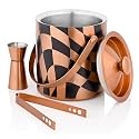 Stainless Steel Double Walled Insulated Ice Bucket with Tong &amp; V Peg Measure, 1.5 Liter, Copper &amp; Black Checks Design (Copper Black, 1.5 Liter)