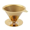 Stainless Steel Gold Pour Over Coffee Dripper Filter, Premium Coffee Dripper with Double Layer Mesh, Sturdy Base with Silicone Ring and Handle for Most Cups, Perfect for H