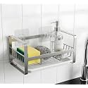 Stainless Steel Kitchen Sink Organizer 7 inches Sink Caddy Organizer with Removable Drainer Tray Rustproof Countertop or Wall Mounted Sink Rack for Sponge Scrubber & Brush - Silver