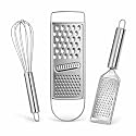 Stainless Steel Kitchen Tool Set 3 Pieces with Flat Grater, Handheld Cheese & Vegetable Grater and Egg Whisk Beater, Durable Rust Resistant Cooking Tools for Kitchen, Easy to Clean, Strong Grip Handle