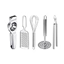 Stainless Steel Lemon Squeezer & Cheese Grater & Egg Whisk & Roti Chimta & Potato Masher for Kitchen Tool Set