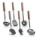 Stainless Steel Mirror Polished Kitchen Utensils Set - 6pcs Cooking Utensils Set with Wooden Handle, Heat Resistant Kitchen Tool Set for Cooking with Turners,Spatula,Ladle,Skimmer,Solid Spoon,Pasta