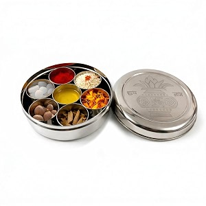 Stainless Steel Round Pooja Box with 7