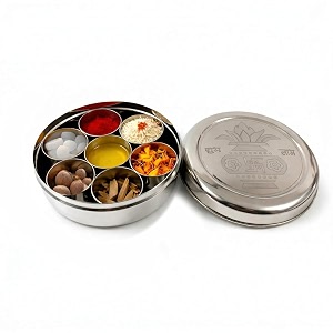 Stainless Steel Round Pooja Box with 7