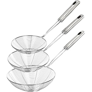 stainless steel spider strainer skimmer ladle set of 3 sizes for cooking frying and food preparation - kitchen pasta strainer 38x155x5 cm silver
