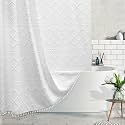 Stall Boho White Woven Fabric Shower Curtain with Tassels 54 x 72 Modern Farmhouse Minimalist Tufted Chevron Striped Shabby Chic Textured, Water Resistant Curtain for Bathroom, Hotel Decor