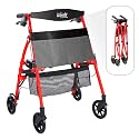 Stander Wonder Rollator Plus Short, Lightweight Junior Folding Mobility Aid for Petite Adults, Seniors, and Elderly, Collapsible Travel Rolling Walker with Four Wheels and Seat, Sport Red