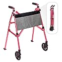 Stander Wonder Walker Plus, Lightweight Folding Mobility Aid for Adults, Seniors, and Elderly, Collapsible Travel EZ Fold-N-Go with Wheels, Glides, &amp; Basket, Regal Rose