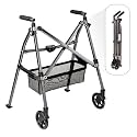 Stander Wonder Walker Plus, Lightweight Folding Mobility Aid for Adults, Seniors, and Elderly, Collapsible Travel EZ Fold-N-Go with Wheels, Glides, &amp; Basket, Black Walnut