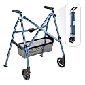 Stander Wonder Walker Plus Short, Lightweight Junior Folding Mobility Aid for Petite Adults, Seniors, and Elderly, Collapsible Travel EZ Fold-N-Go with Wheels, Glides &amp; Basket, Cobalt Blue