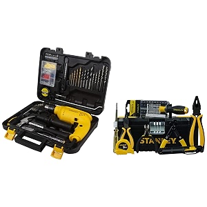 stanley sdh600kp-in diy 13 mm hammer drill machine and hand tool kit for home use 120-pieces amp stanley electrician-kit all-in-one hand tool kit for home amp diy use 43-pieces