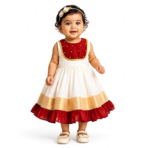 stanwells kids dress for girls embroidery knee length traditional applique kerala ethnic frock for baby girls zipper beautiful sleeveless birthday dress for girls cream amp green 4 months-7 years