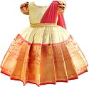 Stanwells Kids Gold &amp; Peach Banarasi Silk Saree Frock for Baby Girls - Traditional Ethnic Dress for Birthday (6 Months-7 Years)
