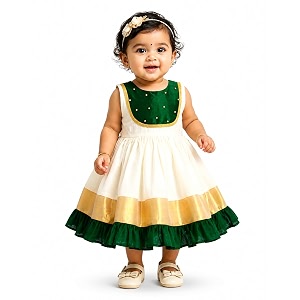 stanwells kids dress for girls embroidery knee length traditional applique kerala ethnic frock for baby girls zipper beautiful sleeveless birthday dress for girls cream amp green 4 months-7 years