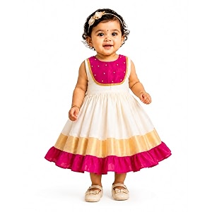 stanwells kids dress for girls embroidery knee length traditional applique kerala ethnic frock for baby girls zipper beautiful sleeveless birthday dress for girls cream amp green 4 months-7 years
