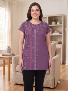 Star Touch Printed Women Round Neck Purple
