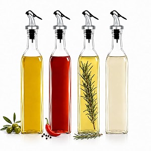 star work-glass oil dispenser bottle for kitchen  stainless steel leak-proof cork  transparent oil pourer and holder 500ml combo pack of 4