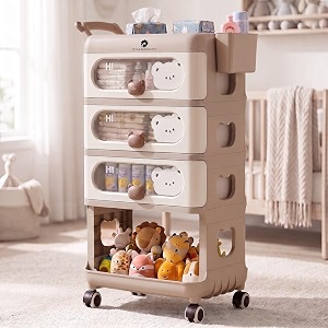 staranddaisy baby storage trolley with wheels 4-tier plastic nursery organizer with drawers multipurpose storage rack for baby essentials diapers clothes toys pink storage rack