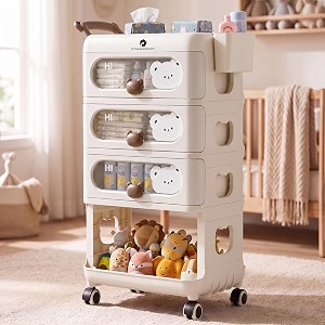 staranddaisy baby storage trolley with wheels 4-tier plastic nursery organizer with drawers multipurpose storage rack for baby essentials diapers clothes toys white storage rack