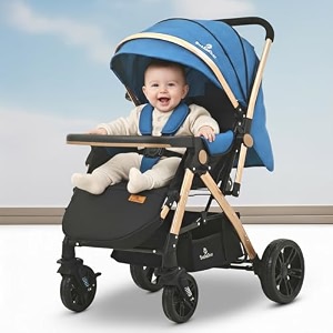 staranddaisy foldable stroller for baby 0-3 years infant amp toddler  travel pram for baby with suspension amp lockable wheels multi-level recline amp adjustable footrest amp canopy removable tray  safety harness belt -blue