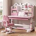 StarAndDaisy Kids Study Table and Chair Set, Height Adjustable Study Desk with Ergonomic Chair, 0°–50° Tilting Desktop, Multiple Storage Compartments, Bookshelf &amp; Drawer, 80 x 60 cm Desk
